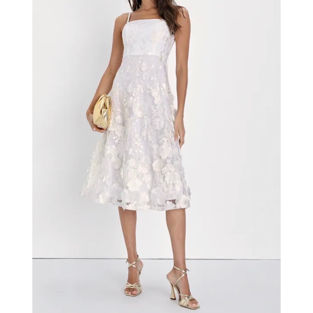 Lulus Glamour Garden White 3D Floral‎ Embroidered Midi Dress XS Bridal Wedding